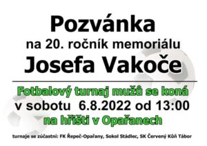 Pozvánka na 20. ročník Memoriálu Josefa Vakoče